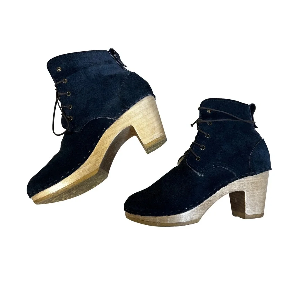 No.6 Suede Clog Boots Women‎ 39 Navy Blue Good Shearling Lined Lace Up Wood Heel